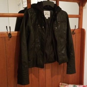 Hooded Faux Leather Jacket with Ribbed Designs